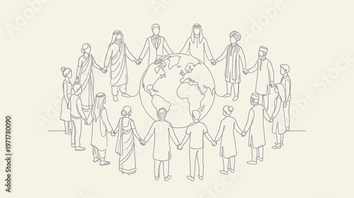 Diverse group of people from around the globe holding hands in unity, symbolizing global cooperation and understanding