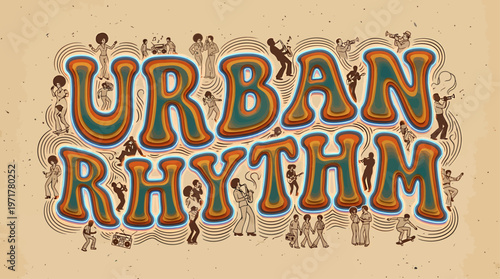 Dynamic illustration capturing the vibrant essence of urban rhythm and street culture, featuring stylized dancing figures and bold, retro-inspired typography with a groovy, layered design