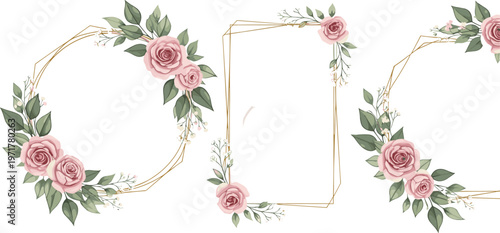 Set of elegant floral frames with roses and geometric shapes isolated on white background decorative vector illustration collection