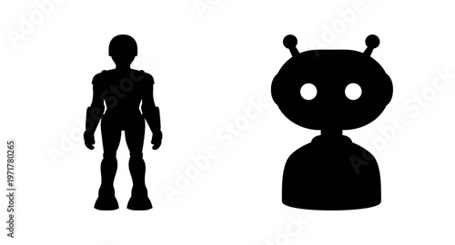 Black silhouettes of a humanoid robot and an alien