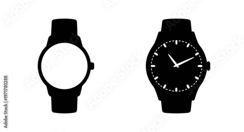 Black silhouette of a smartwatch with one face shown and the other side without face