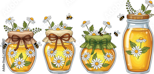 Set of honey jars with chamomile flowers and bees isolated on white background natural product vector illustration collection