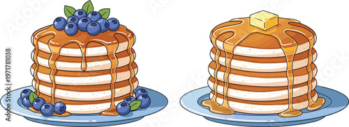 Set of pancakes with syrup butter and blueberries isolated on white background breakfast food vector illustration collection