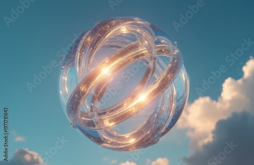Abstract geometric sphere with glowing lights rotates in blue sky with clouds. Shiny metallic rings interlace creating intricate futuristic device. Clean tech concept.