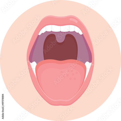 Healthy human open mouth illustration showing normal pink tongue anatomy and teeth in flat vector