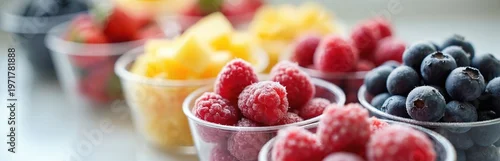 Panel kuchenny z motywem Frozen berries and pineapple pieces in clear cups. Raspberries, blueberries, and chopped pineapple for a cool, refreshing treat. Ideal for healthy eating and summer refreshments, visually appealing.