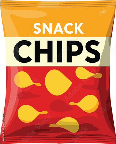 Potato chips snack packaging bag with crispy chips illustration isolated on white background food product vector design