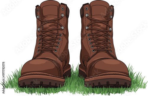 Pair of brown leather boots on grass isolated on white background footwear vector illustration