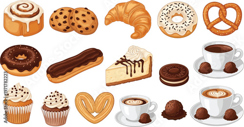 Set of bakery desserts including donuts cupcakes croissant and coffee isolated on white background vector illustration collection