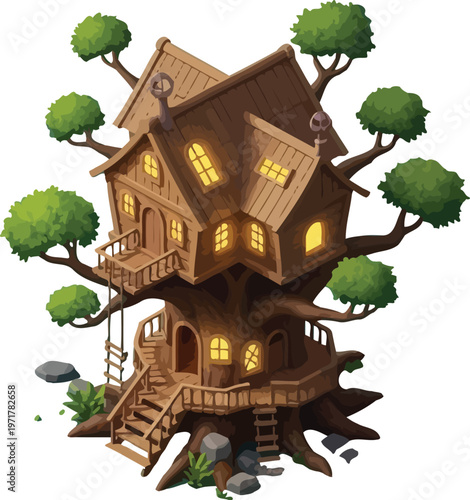 Treehouse with multiple levels and balconies.