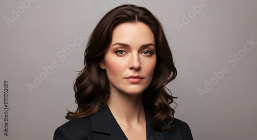 Professional woman with dark wavy hair and subtle makeup, looking directly at the camera, wearing a dark suit jacket, neutral textured background, conveying confidence and seriousness