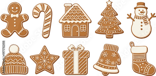 Set of Christmas gingerbread cookies in festive shapes isolated on white background holiday vector illustration collection