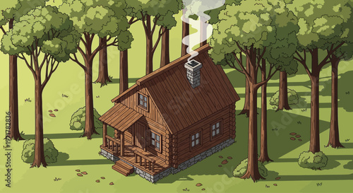 Brown wooden cabin in forest clearing.