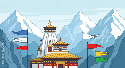 Buddhist Stupa with Colorful Prayer Flags.