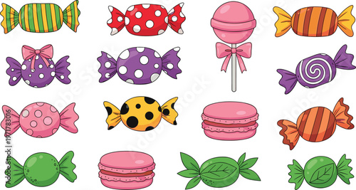 Set of colorful candies sweets and lollipops isolated on white background confectionery dessert vector illustration collection