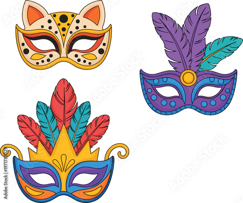 Set of colorful carnival masks with feathers isolated on white background festive vector illustration collection