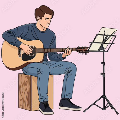 Young man playing acoustic guitar with sheet music stand, musician practicing song.