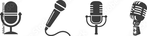 Collection of Four Microphone Icons in Silhouette vintage microphone