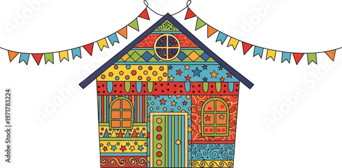 Colorful house with decorative pattern.
