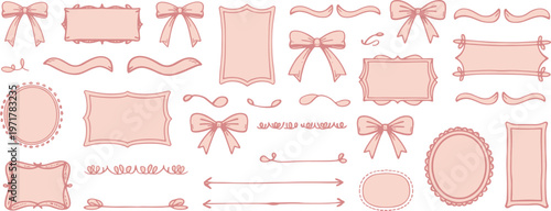 Collection of hand-drawn pink decorative elements on white background Keywords: ribbon, bow