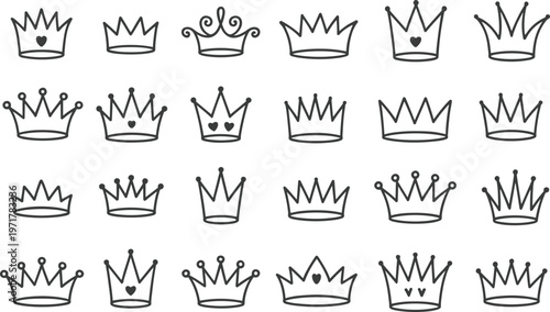 Collection of hand-drawn crown icons on white background Keywords: crown, royalty, king, queen
