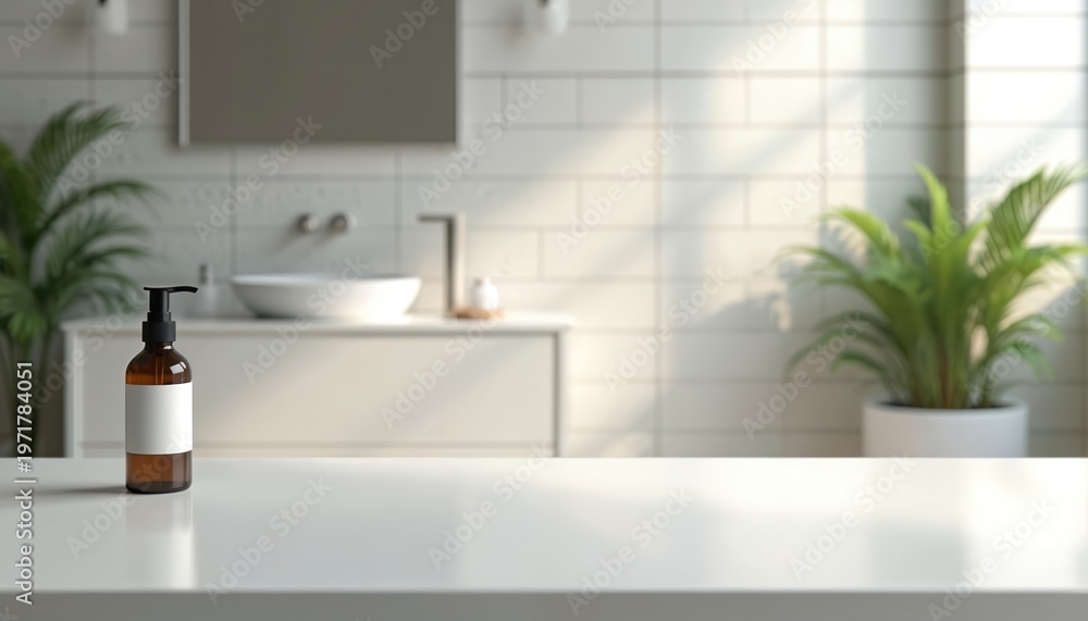 Fototapeta premium Modern bathroom vanity area with soap dispenser on white counter. Clean interior space features sink, plants, and tile wall. Soft light creates relaxing atmosphere.