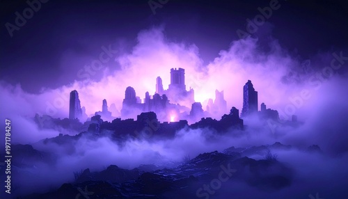 Ruined Ancient City in Purple Fog