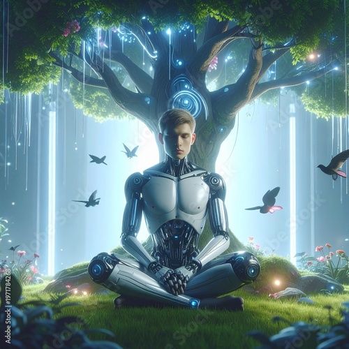 Robot Man Meditates Under Glowing Tree in a Garden