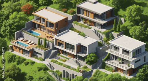 Modern houses with large windows and balconies.