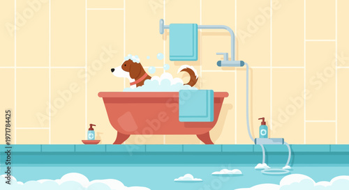 Dachshund dog in bathtub taking bath.