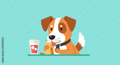 Dog eating fries and drinking soda.