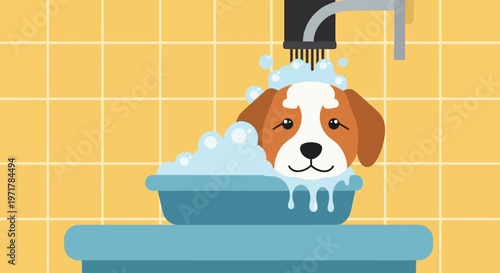 Dog Taking a Bath Outdoors.