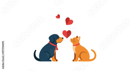 Dogs and cat with hearts.