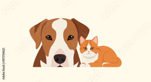 Friendly dog and cat sitting together.