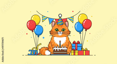 Happy orange cat in party hat.