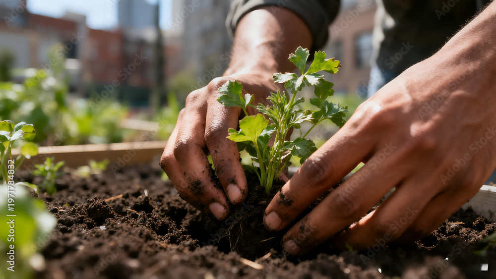 Fototapeta premium Planting Small Green Herb Plant into Rich Soil Outdoors