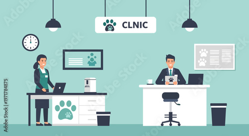 Veterinarians working at reception desk.