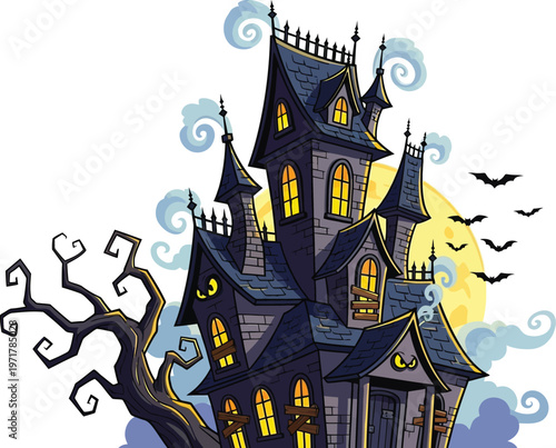 Spooky haunted house at night time.