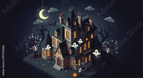 Spooky haunted house with ghosts.