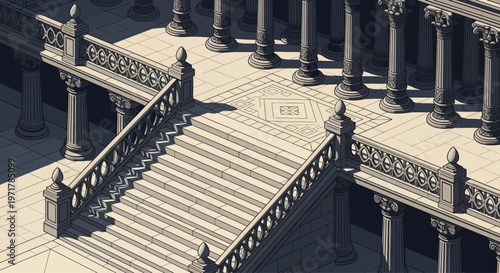 Staircase with ornate metal railing.