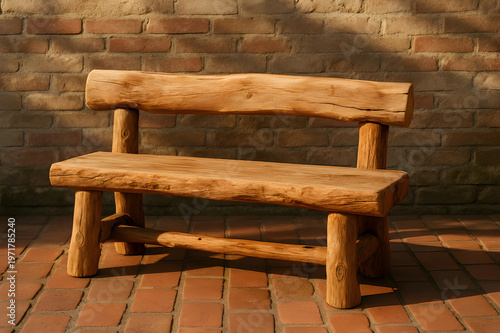 Raw wooden bench made from natural logs stands on sunlit red brick patio before a weathered brick wall showing unique handcarved details and earthy tones in the tranquil air