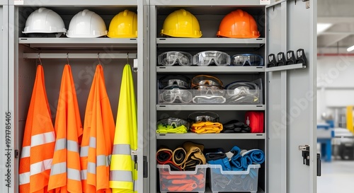 Industrial storage cabinet filled with safety gear and equipment indoors.