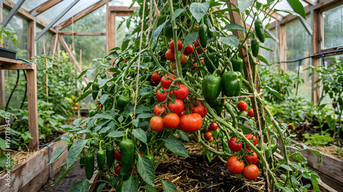 Tomato and pepper plants grow in a wooden greenhouse with lush green leaves and vibrant red and green vegetables surrounded by other plants in raised beds and natural sunlight