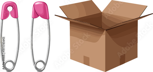 Safety pins with pink heads and open cardboard shipping box packaging vector illustration set