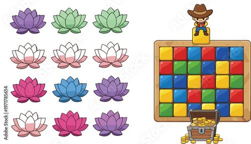 Colorful lotus flowers collection and puzzle board game with cowboy character and treasure chest vector illustration set
