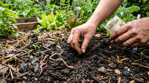 A person plants organic carrot seeds in a garden bed rich soil is surrounded by young sprouts earthworms and green leaves creating a natural vibrant outdoor scene