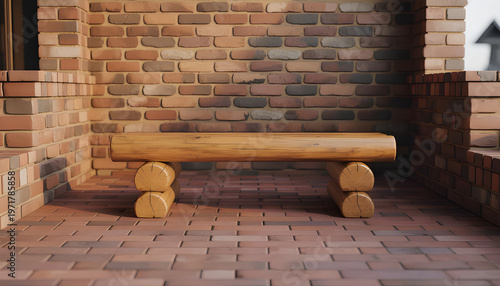 A wooden bench sits on red brick tiles against a rustic brick wall sunlight casts warm shadows and highlights the natural texture creating a cozy inviting outdoor space