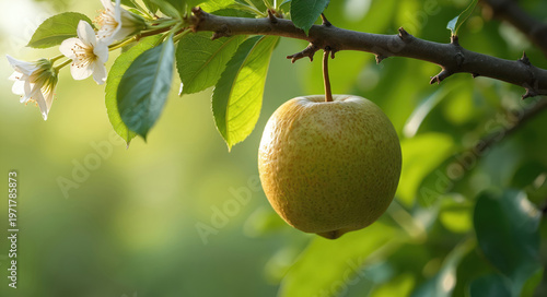 Green wood apple hangs from branch with white blossoms and green leaves. Soft sun light shines on fruit, creating bokeh effect in background. Organic produce grows on tree.