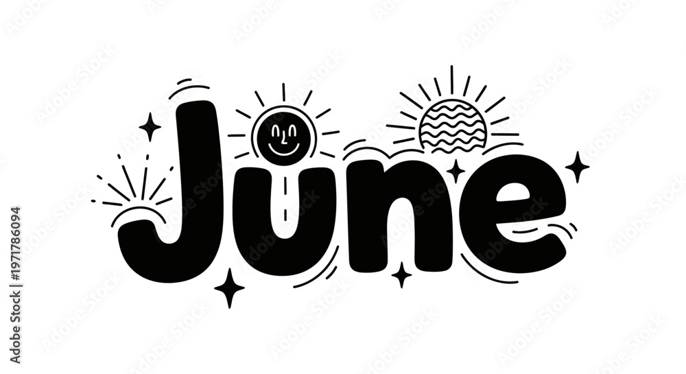 Naklejka premium Black June text with sun.