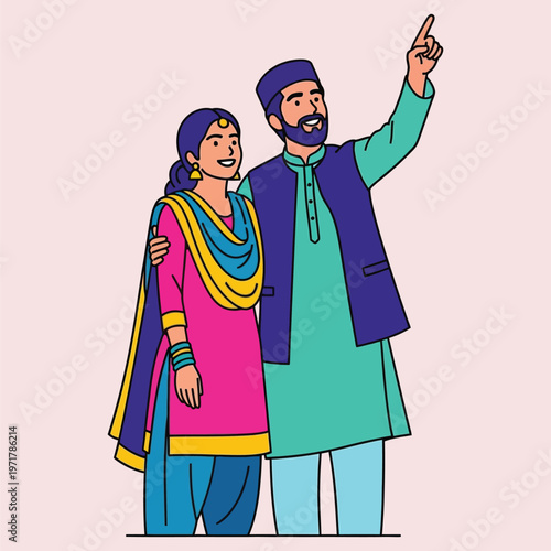 Pakistani couple in traditional clothing looking and pointing at something distant with smiling faces